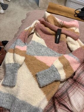 Fashion Nova Cream Pink Gray & Tan Geometric Cowl Neck Sweater